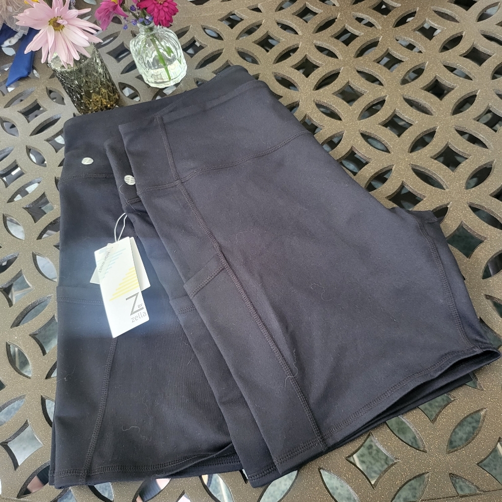 (2 pair) High waisted black biker shorts with pockets